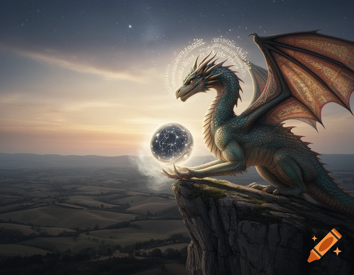 A majestic green dragon perched on a cliff edge, holding a glowing cosmic orb, under a starry sunset sky over a vast landscape.
