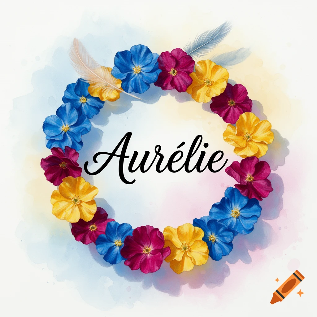 Watercolor floral wreath with blue, magenta, and yellow flowers, two feathers, and the name Aur lie in the center.