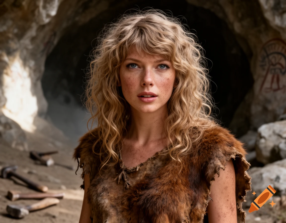 A woman resembling Taylor Swift with curly blonde hair and freckles, wearing a fur tunic, stands in a cave entrance.