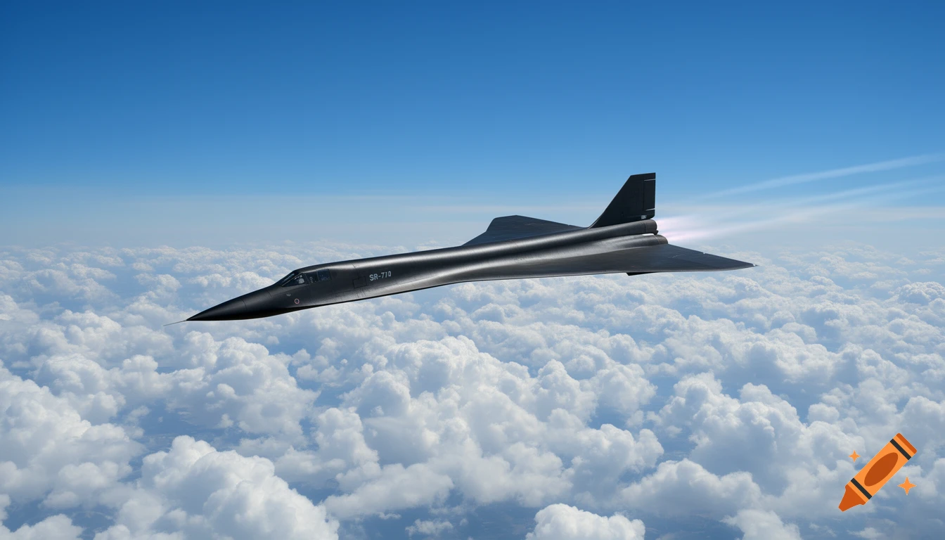 A black, sleek SR-71-like aircraft flies high above a layer of white clouds against a clear blue sky, leaving a faint contrail.