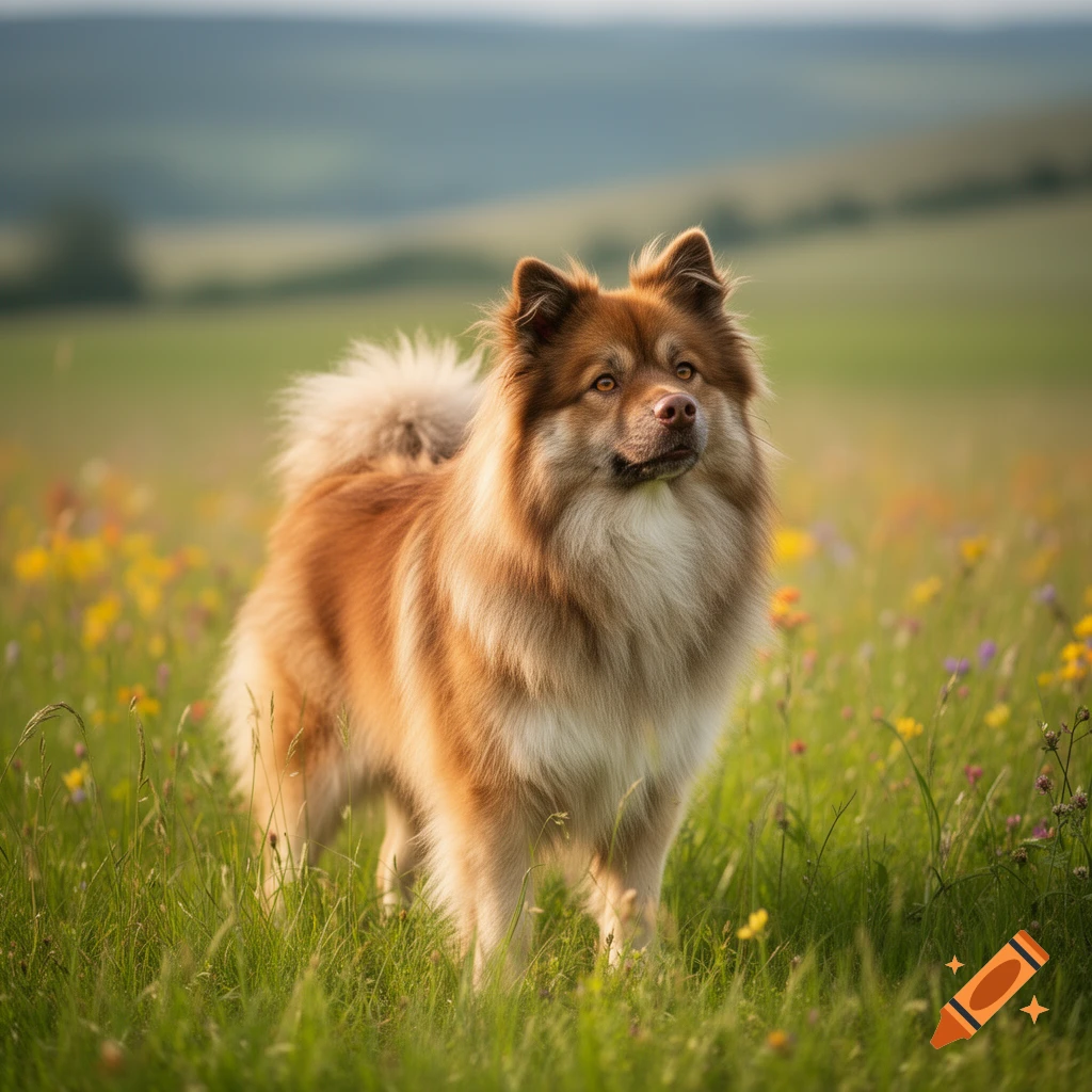 A fluffy reddish-brown and cream dog stands in a green field filled with wildflowers, looking upwards.