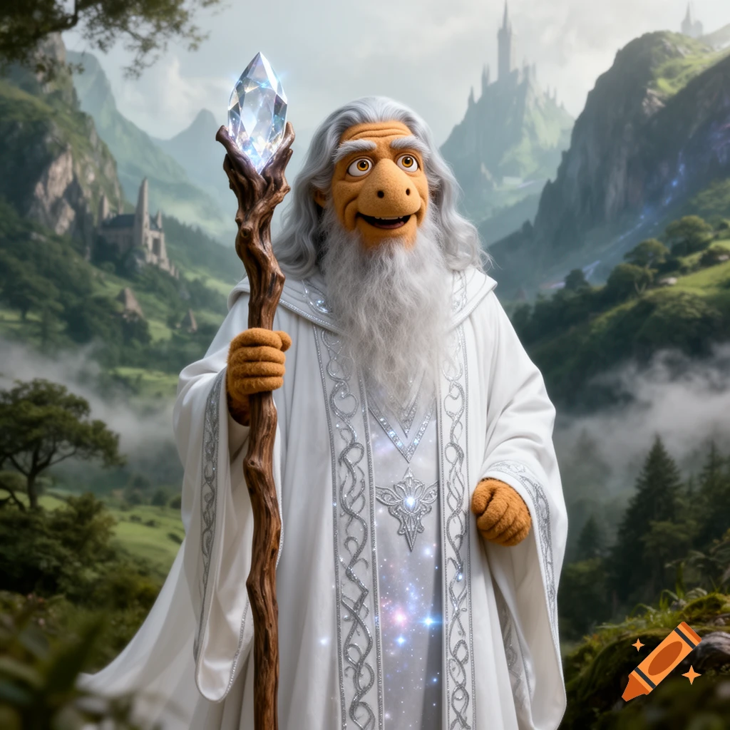 A puppet-like wizard with a long white beard and white robes holds a glowing crystal staff in a lush fantasy valley with castles.