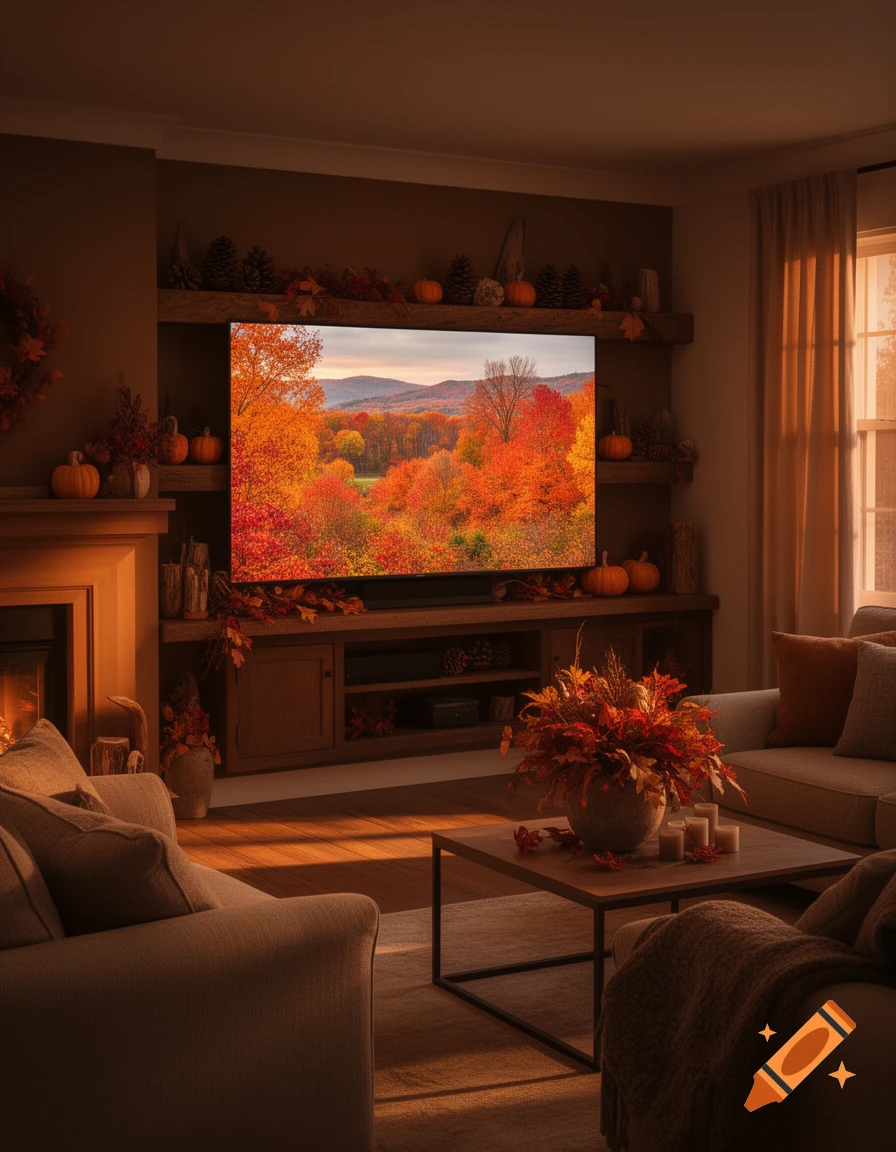 A cozy, warm-lit living room with autumn decor, a fireplace, and a large TV displaying a vibrant fall landscape.