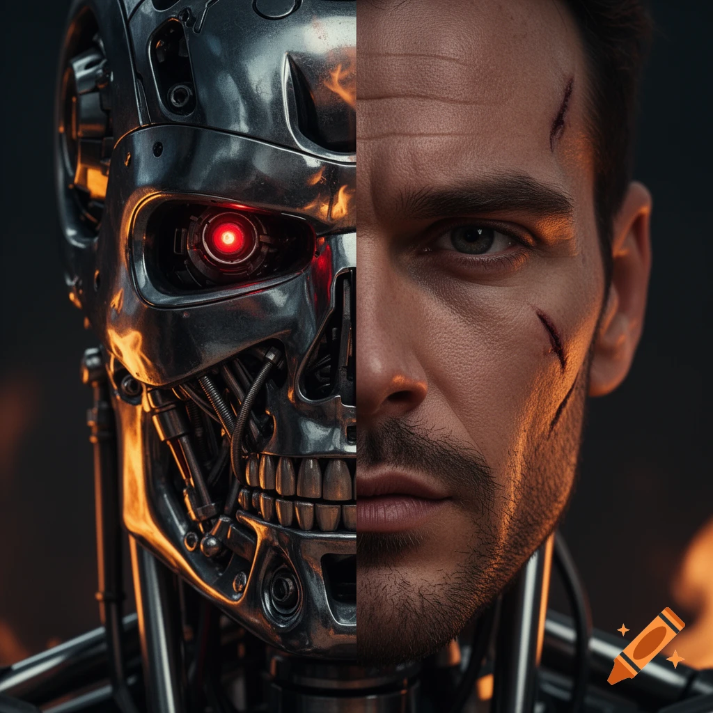 A close-up, split image of a man's face with scars on the right and a metallic Terminator-style robot skull with a red eye on the left.