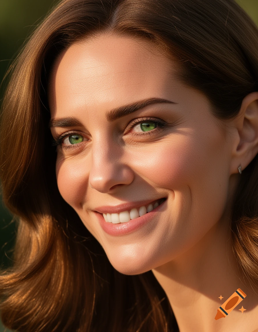 Close-up, photorealistic portrait of a smiling woman with green eyes and brown hair, illuminated by sunlight.