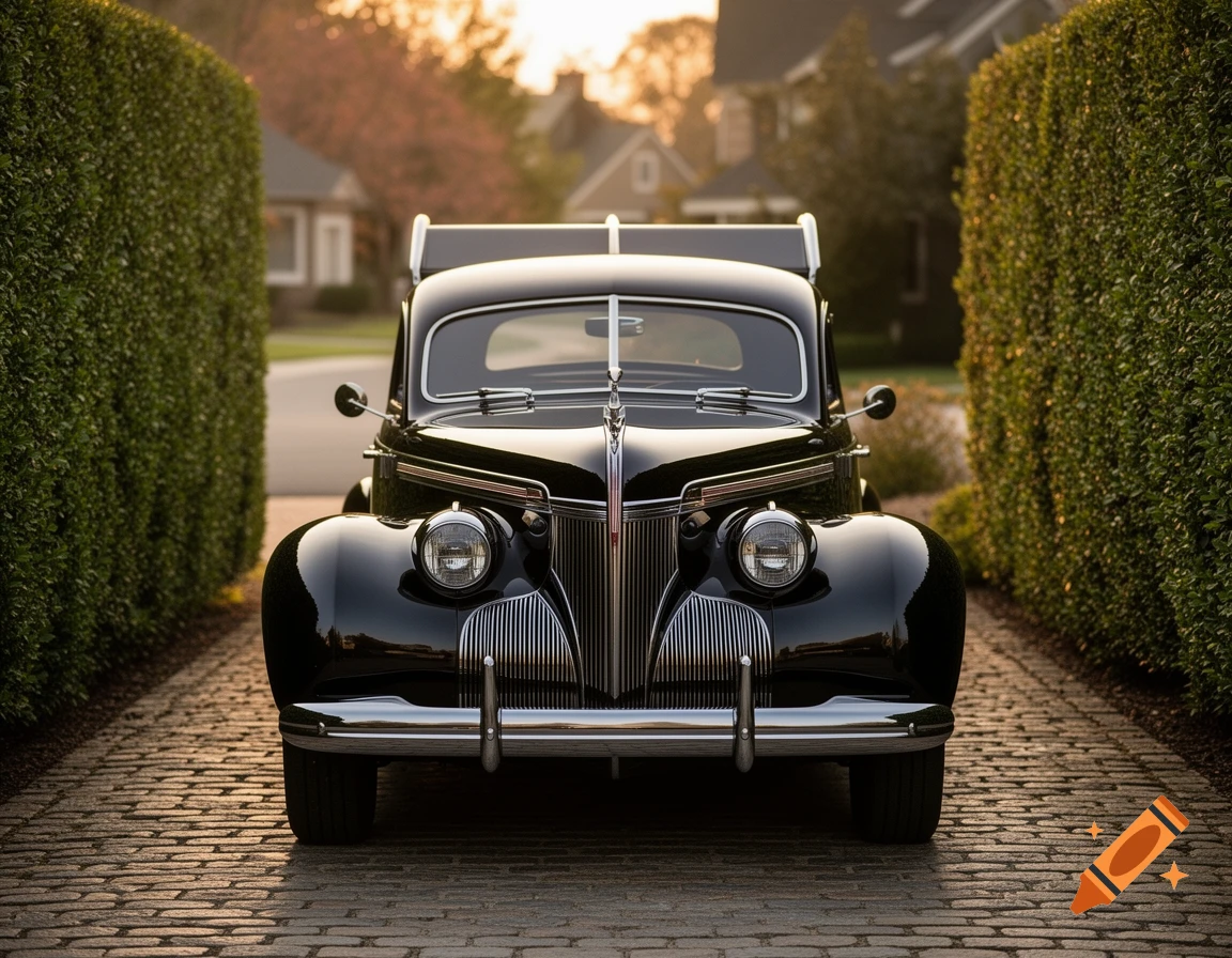 A black 1940s classic car with a luggage rack on a cobblestone driveway, flanked by tall green hedges.
