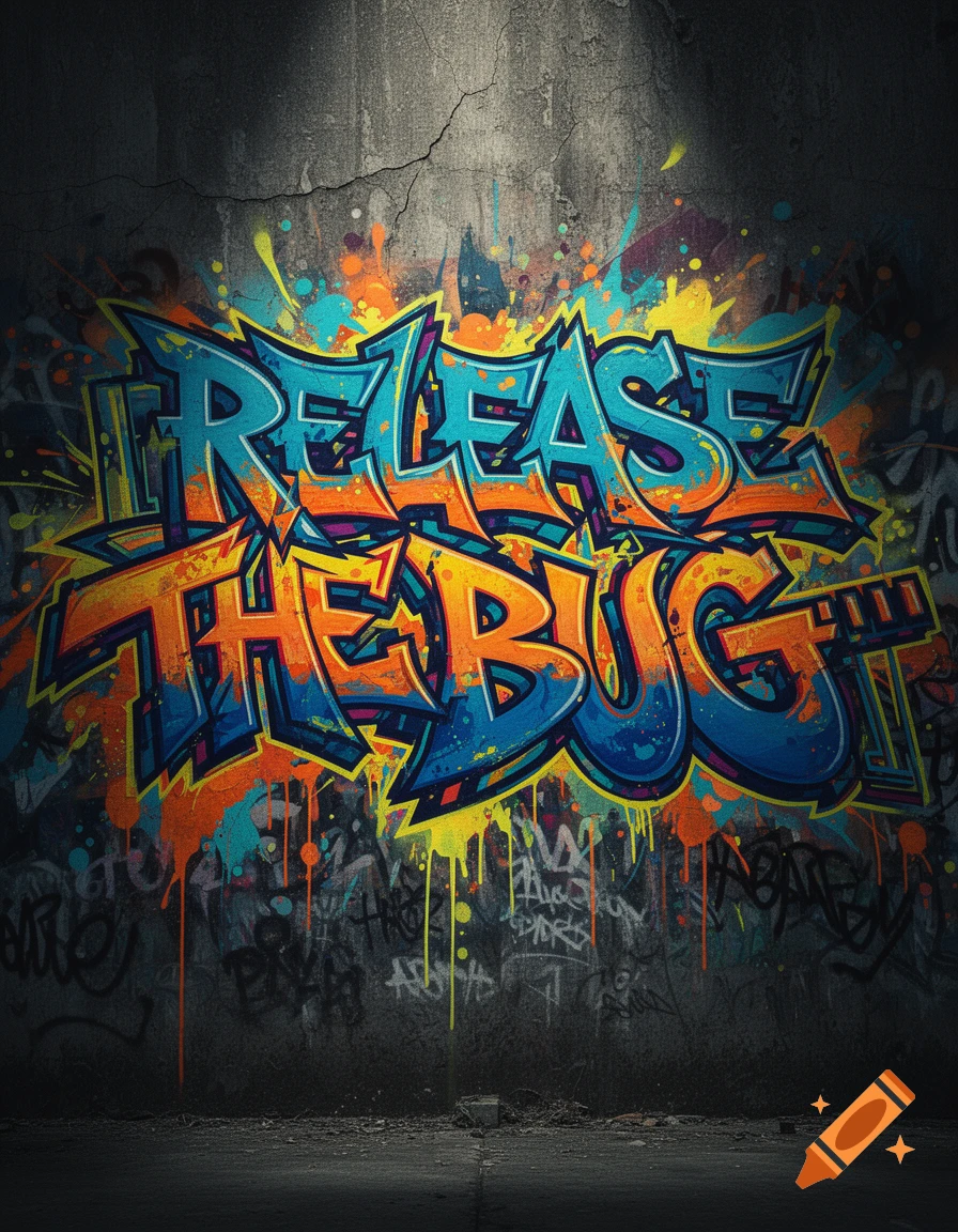 Colorful graffiti art on a grunge concrete wall spells 'RELEASE THE BUG' in vibrant wildstyle lettering, with paint splatters.