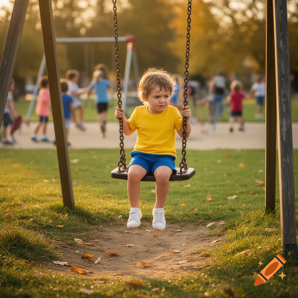 A young child in a yellow t-shirt and blue shorts sits alone on a swing in a sunny park, with other blurred children in the background.