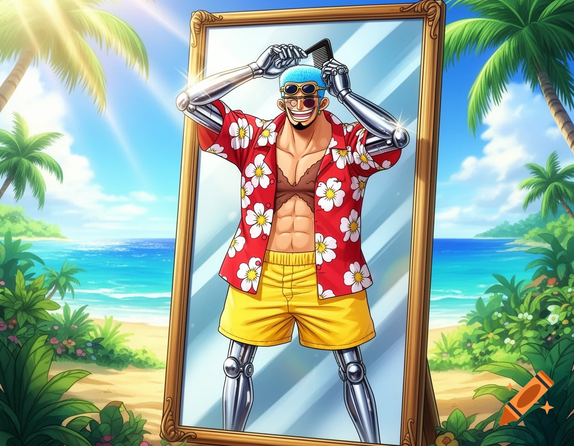 Anime illustration of Franky from One Piece styling his blue hair with a comb, looking in a mirror on a tropical beach.