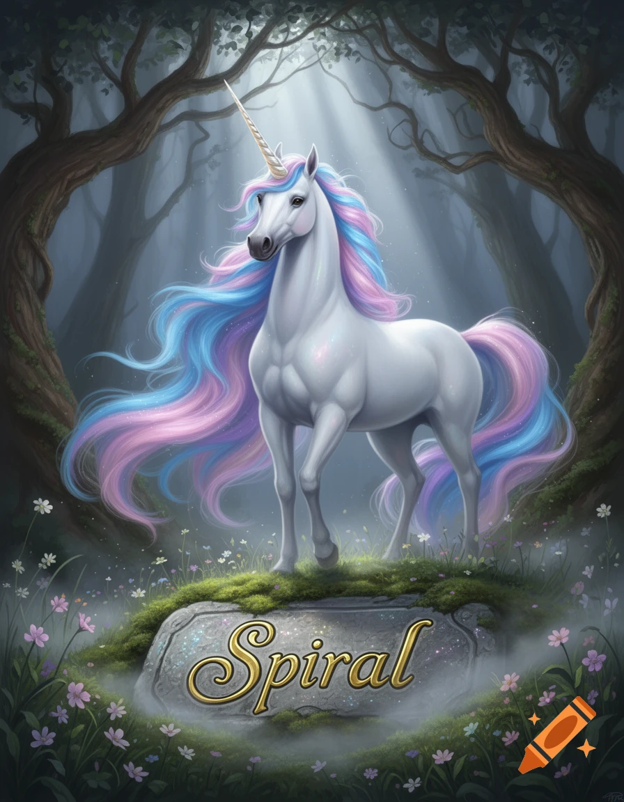 A majestic white unicorn with a flowing pink, blue, and purple mane and tail stands in a mystical forest, with the name 'Spiral' on a stone.
