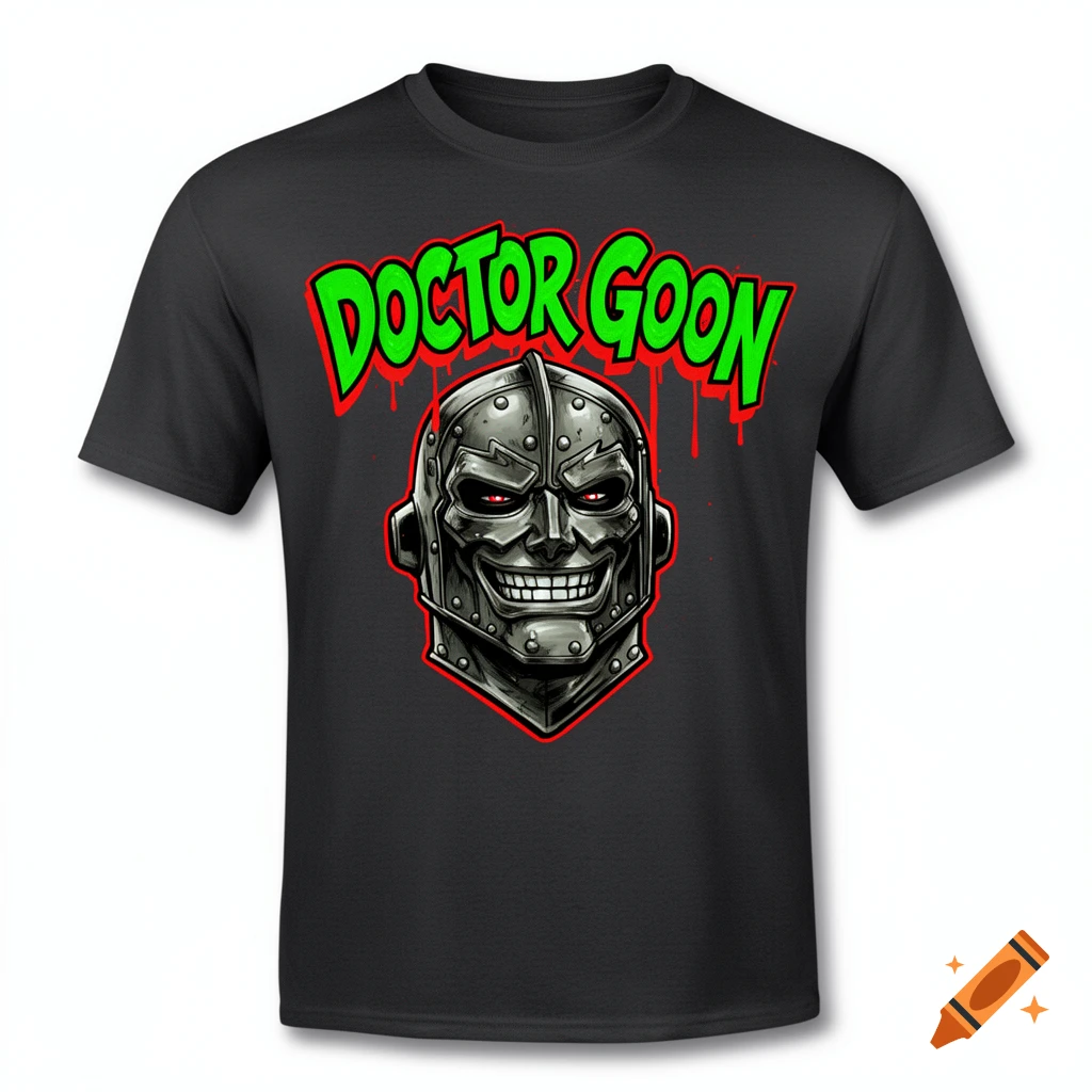 Black t-shirt with a comic book style metallic villain's head with red eyes and a grin, above it green text reads 'DOCTOR GOON'.