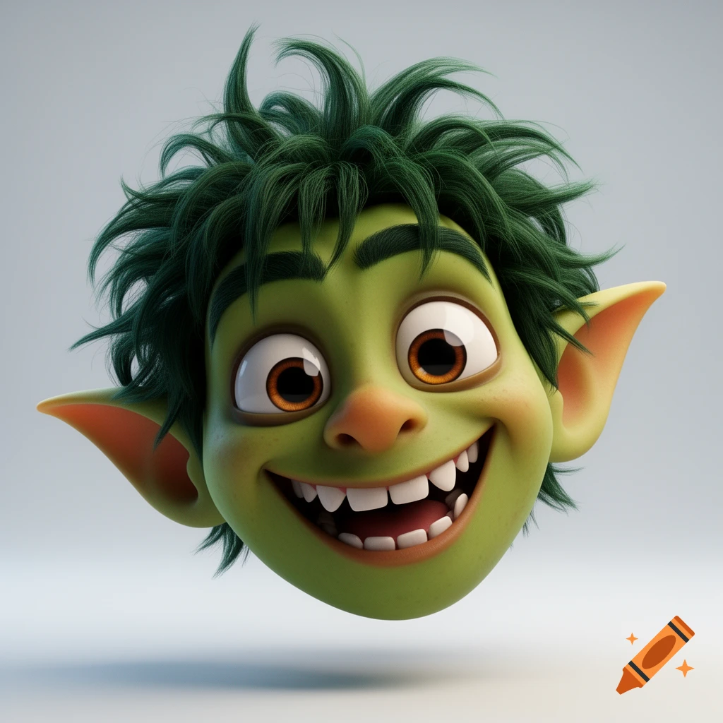 A 3D cartoon close-up of a green goblin's head with messy dark green hair, large eyes, a mischievous grin, and crooked teeth.