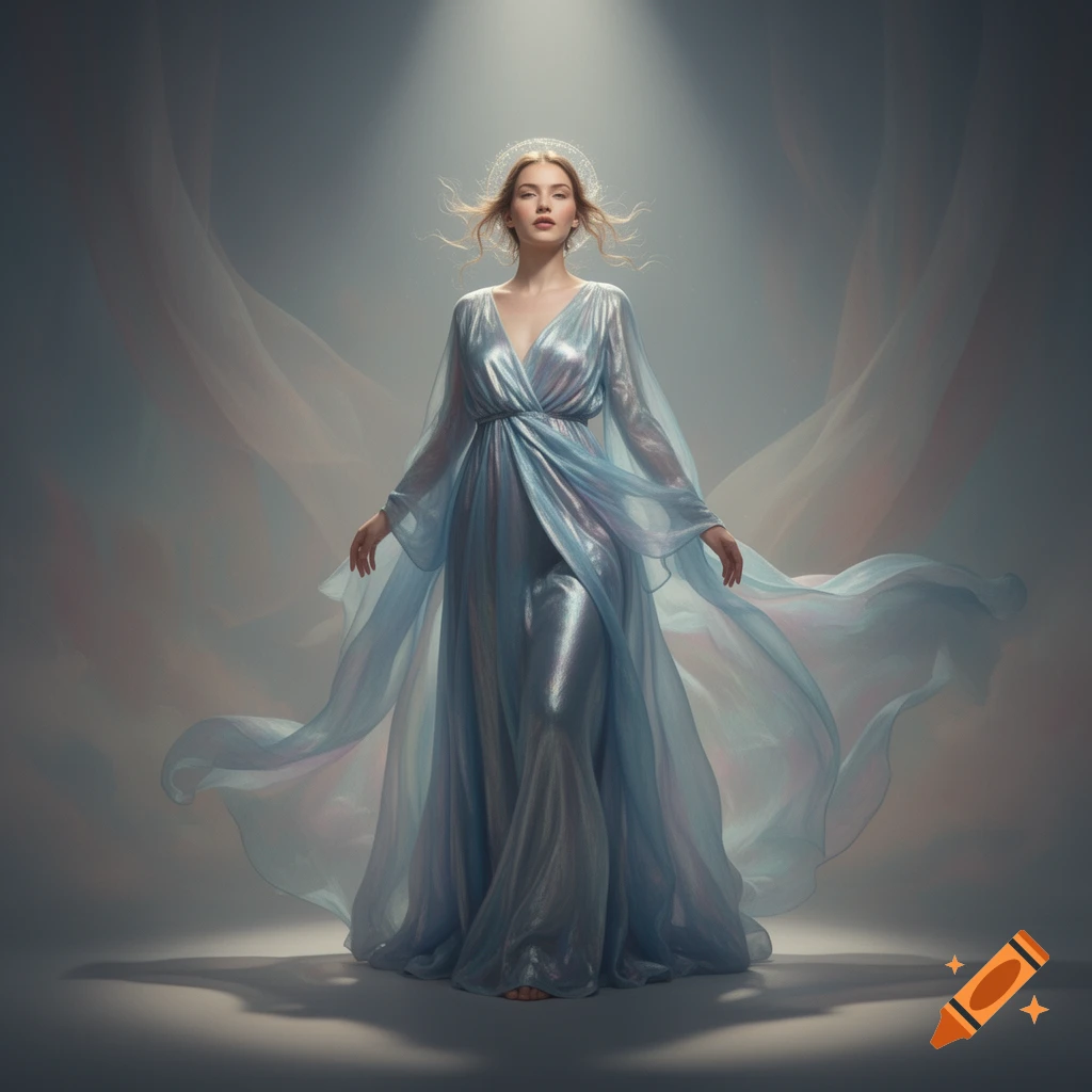 Woman in a shimmering blue flowing gown and halo, standing under a spotlight in an ethereal setting.