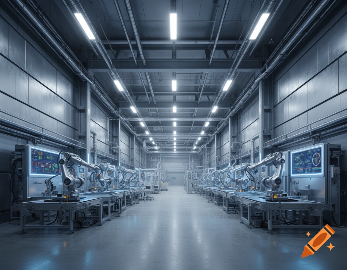 Photorealistic image of a futuristic industrial warehouse with robotic arms on assembly lines and glowing data screens.