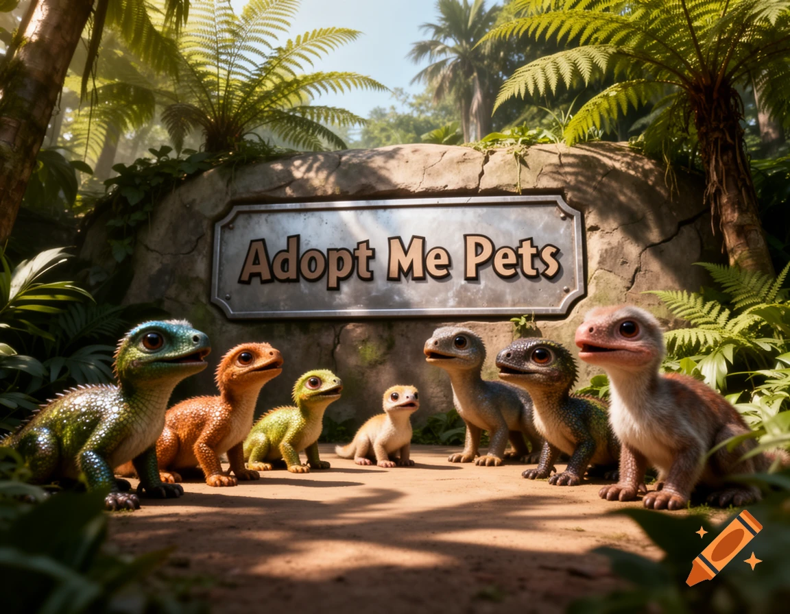 A group of colorful, cute baby dinosaur-like creatures sit in a lush jungle in front of a sign that reads 'Adopt Me Pets'.