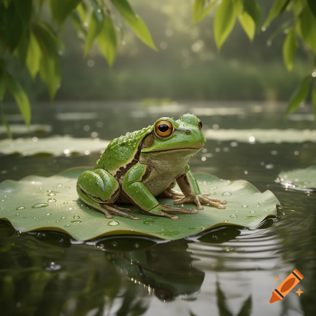 A vibrant green frog with prominent orange eyes sits on a lily pad covered in water droplets, in a calm pond.