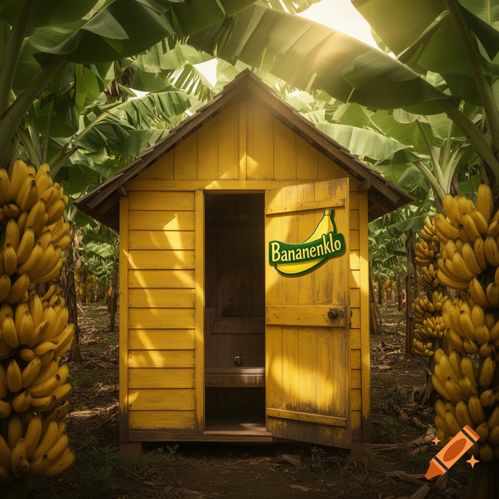 A yellow wooden shed with 'Bananenklo' on its open door stands in a sunny banana plantation with ripe fruit bunches.
