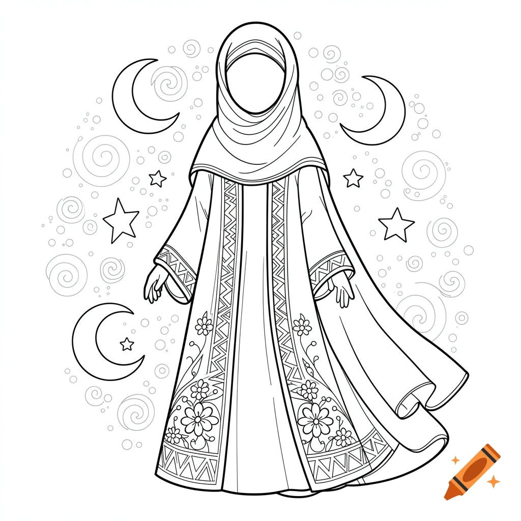 Black and white line art of a modest Islamic woman in a hijab and patterned dress, surrounded by moons and stars, suitable for a coloring page.