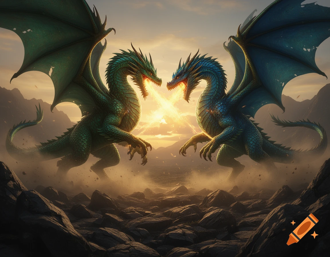 A green dragon and a blue dragon face each other, breathing fire that meets in the middle against a vibrant sunset sky above a rocky landscape.