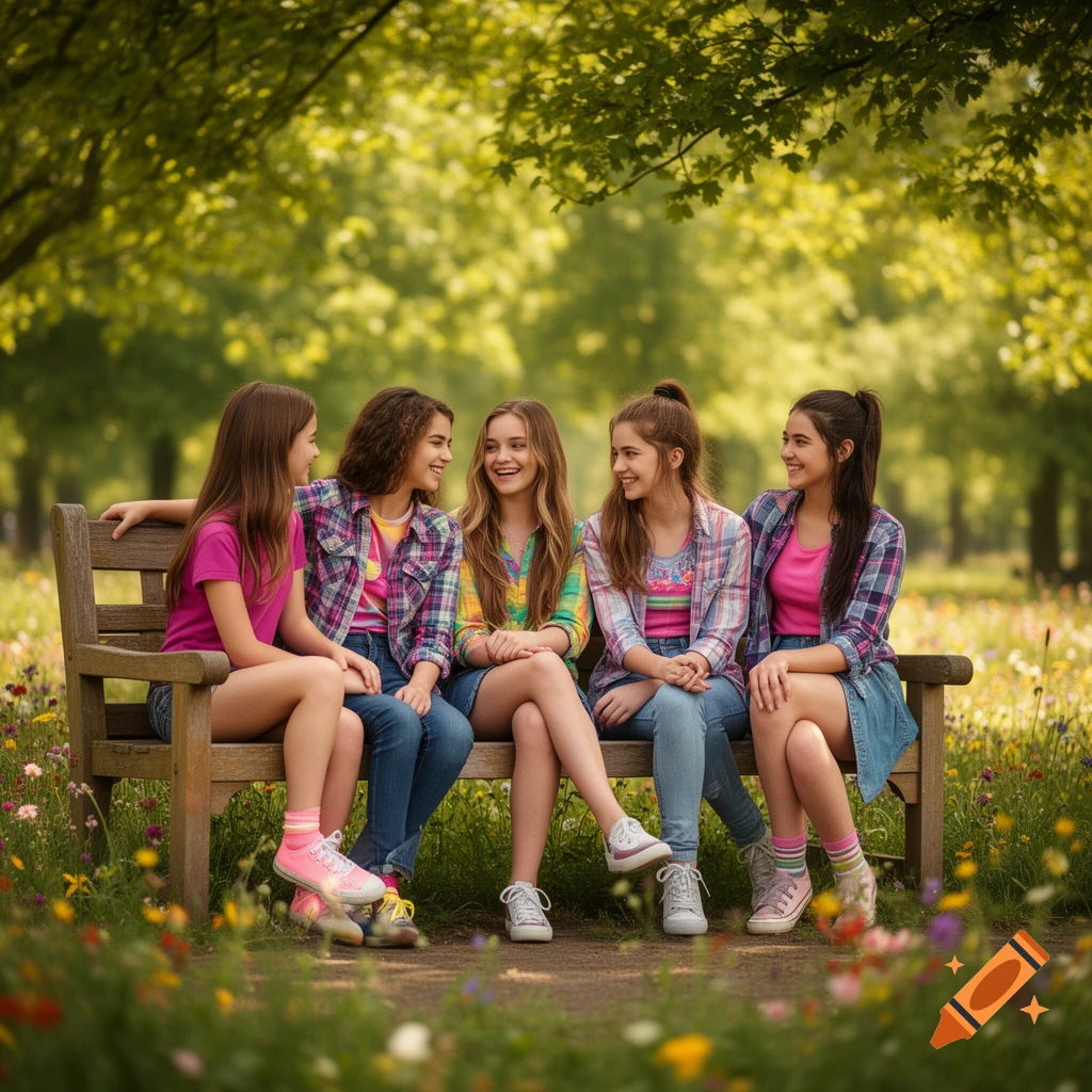 Four smiling young girls sit on a park bench, surrounded by green trees and wildflowers, chatting happily.