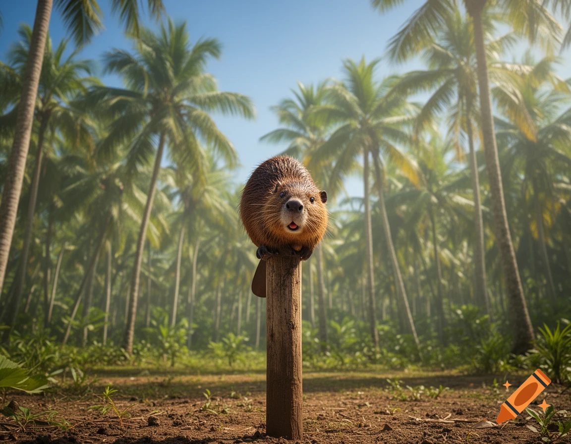 A fluffy beaver with an open mouth is perched atop a wooden pole in a sunlit tropical palm tree forest.