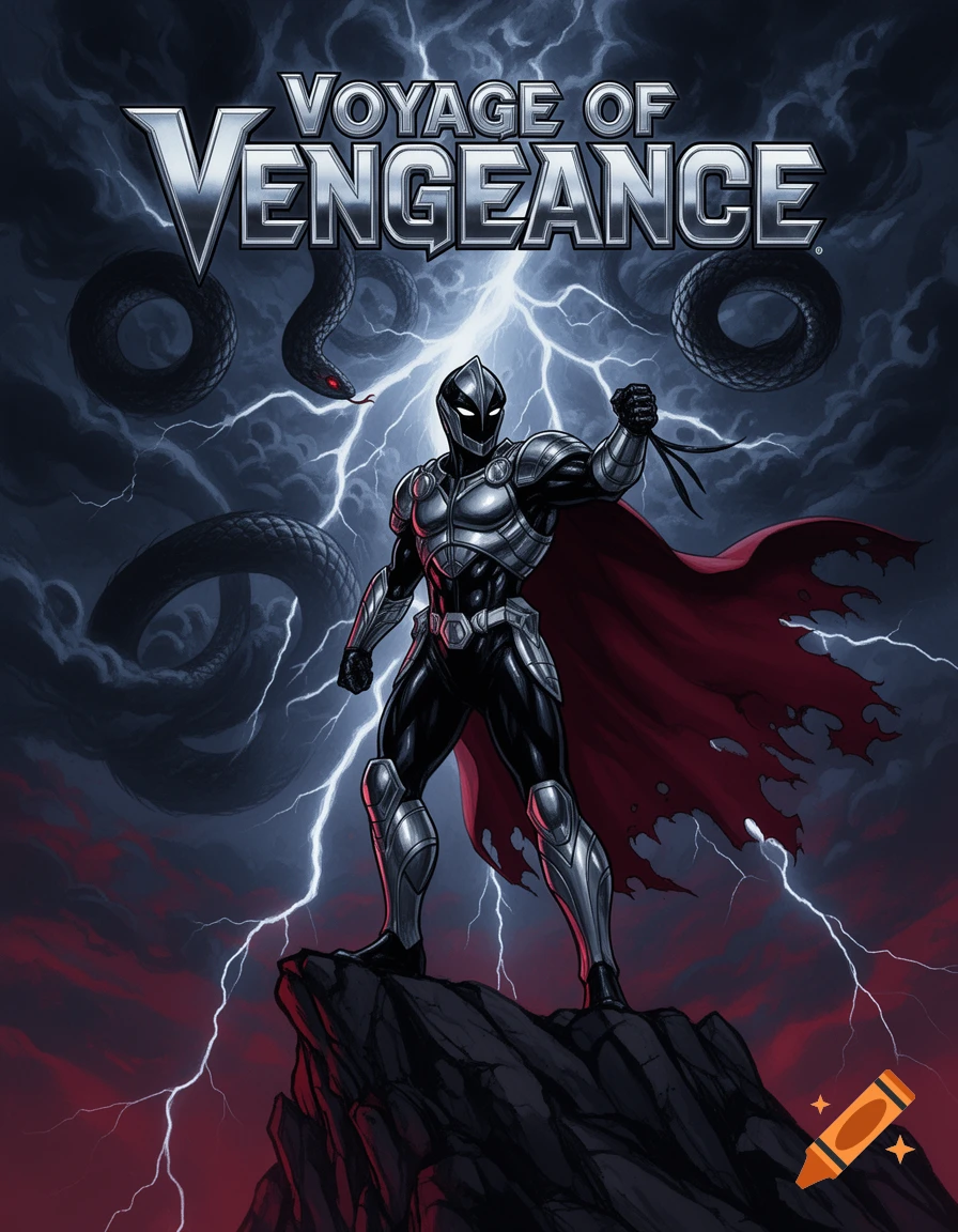 Comic cover of a masked villain in silver armor and red cape on a rock, with lightning and snakes in a stormy sky. Title: Voyage of Vengeance.
