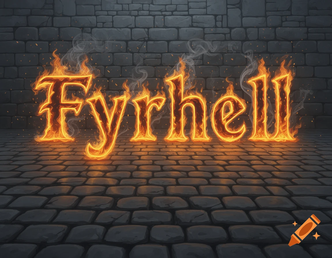 The word "Fyrhell" rendered in burning flames against a dark stone wall and cobblestone floor.