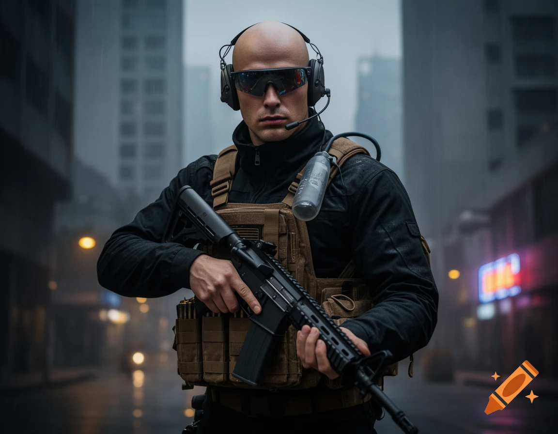 Photorealistic image of a bald man in tactical gear, sunglasses, and headphones, holding a rifle in a rainy city street.