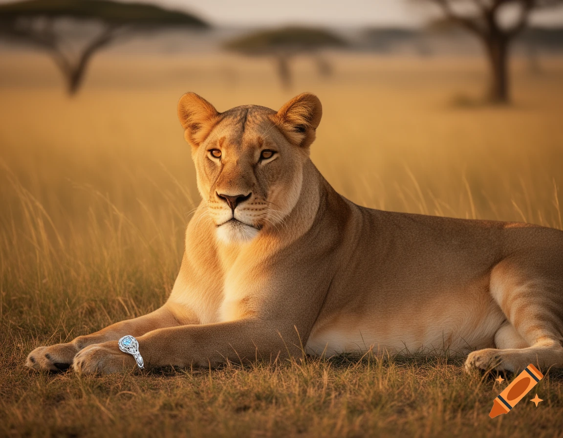 A majestic lioness rests in golden grass on the African savannah, wearing a silver ring on her front paw.
