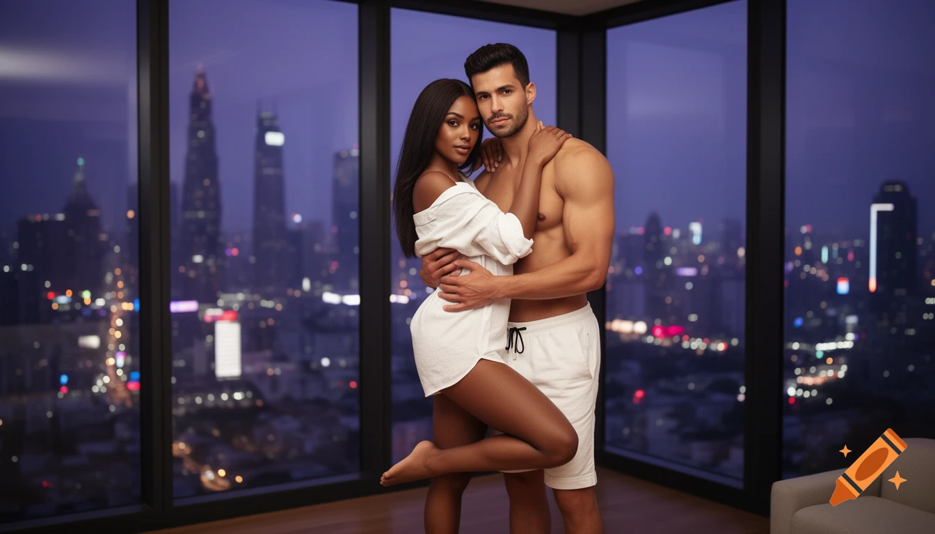 Photorealistic image of a romantic couple embracing by a large window overlooking a city skyline at night.
