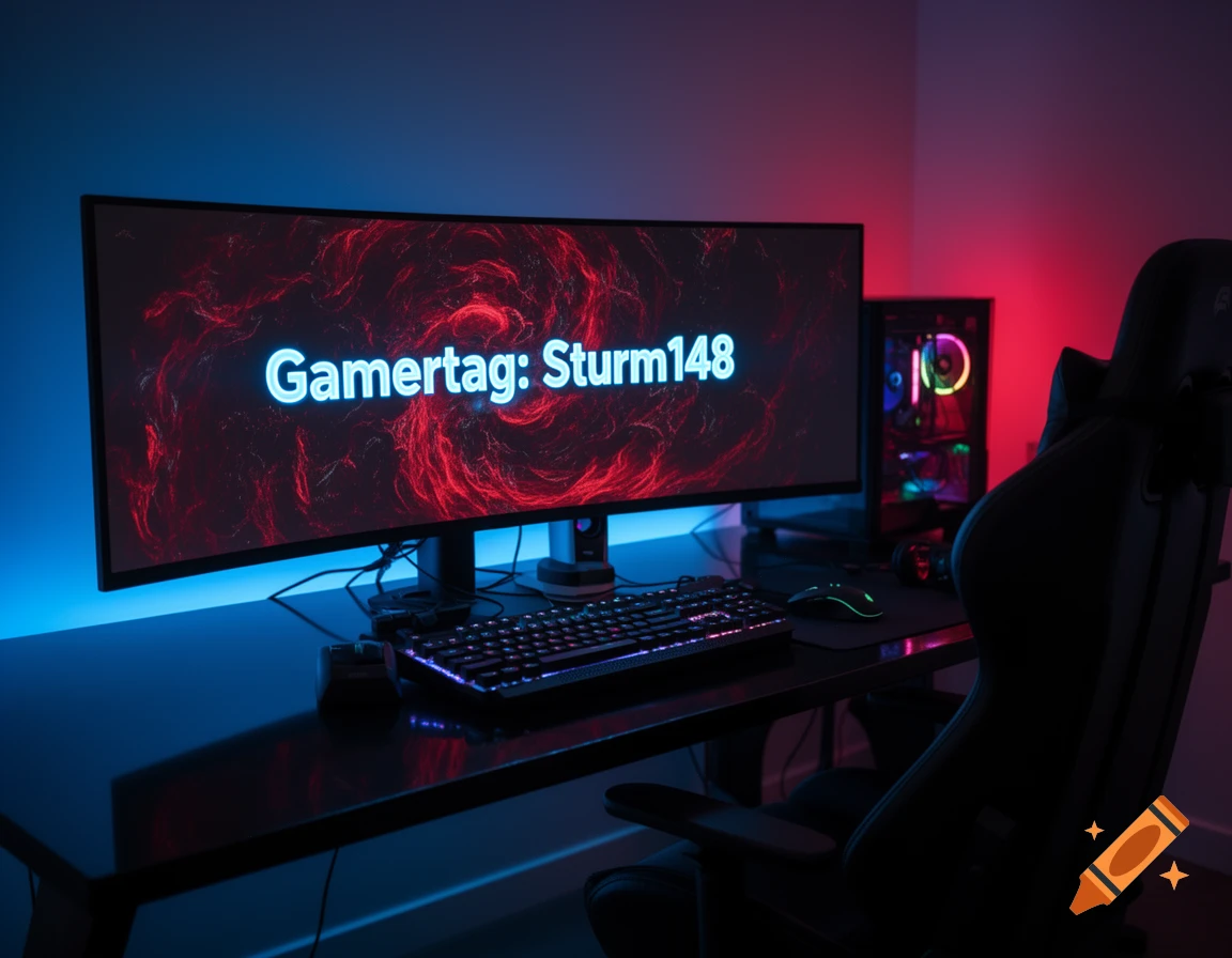 A gaming setup with a large monitor displaying a gamertag, keyboard, mouse, PC tower, and gaming chair, illuminated by blue and red LED lights.