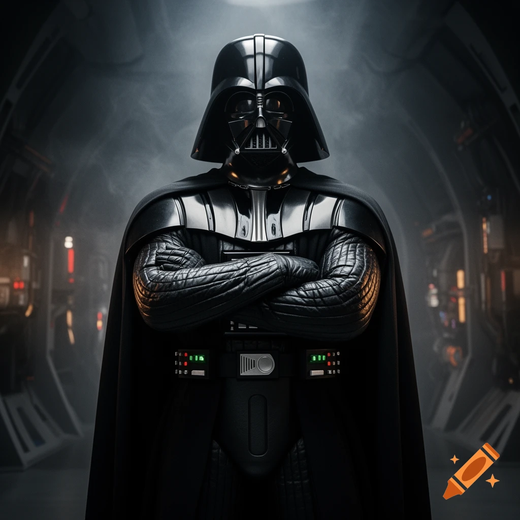 Photorealistic portrait of Darth Vader with crossed arms in a dark spaceship corridor.