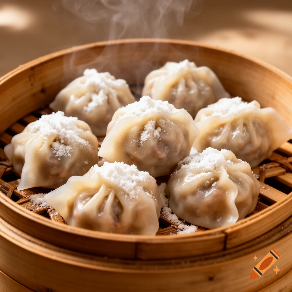 Photorealistic close-up of steaming, squishy dumplings topped with white powder in a bamboo steamer.
