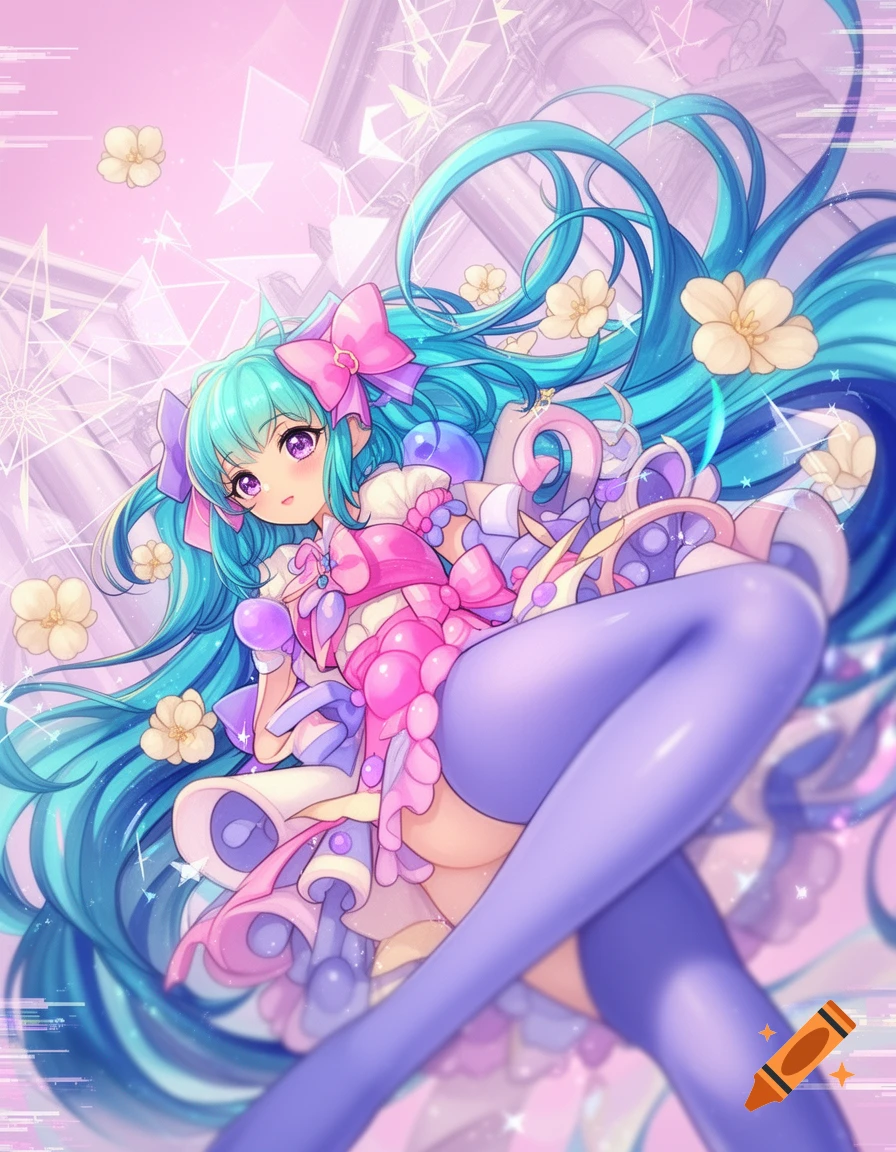Cute anime fantasy character with long cyan hair, pink and lavender outfit, and lavender-blue stockings, against a pastel background.