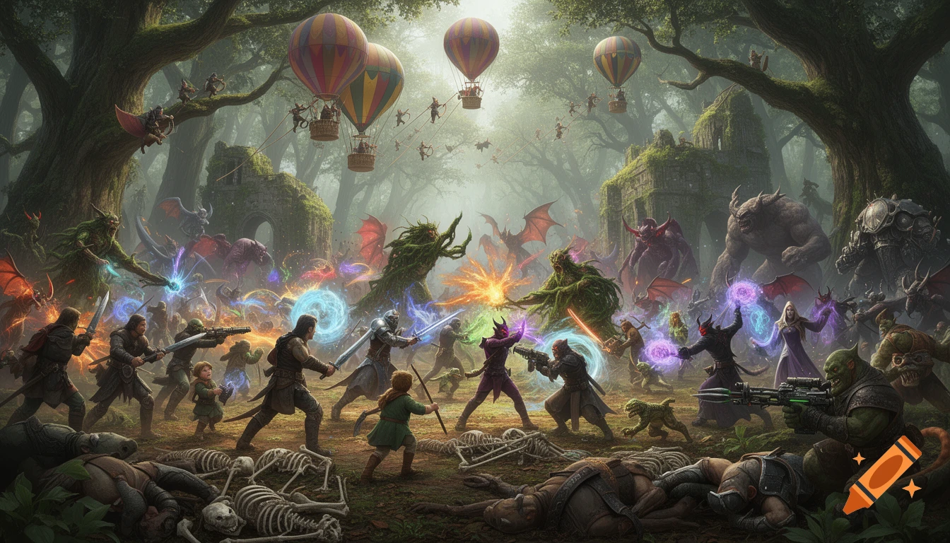 A grand fantasy battle unfolds in a magical forest with ancient ruins, featuring diverse creatures, warriors, and hot air balloons.