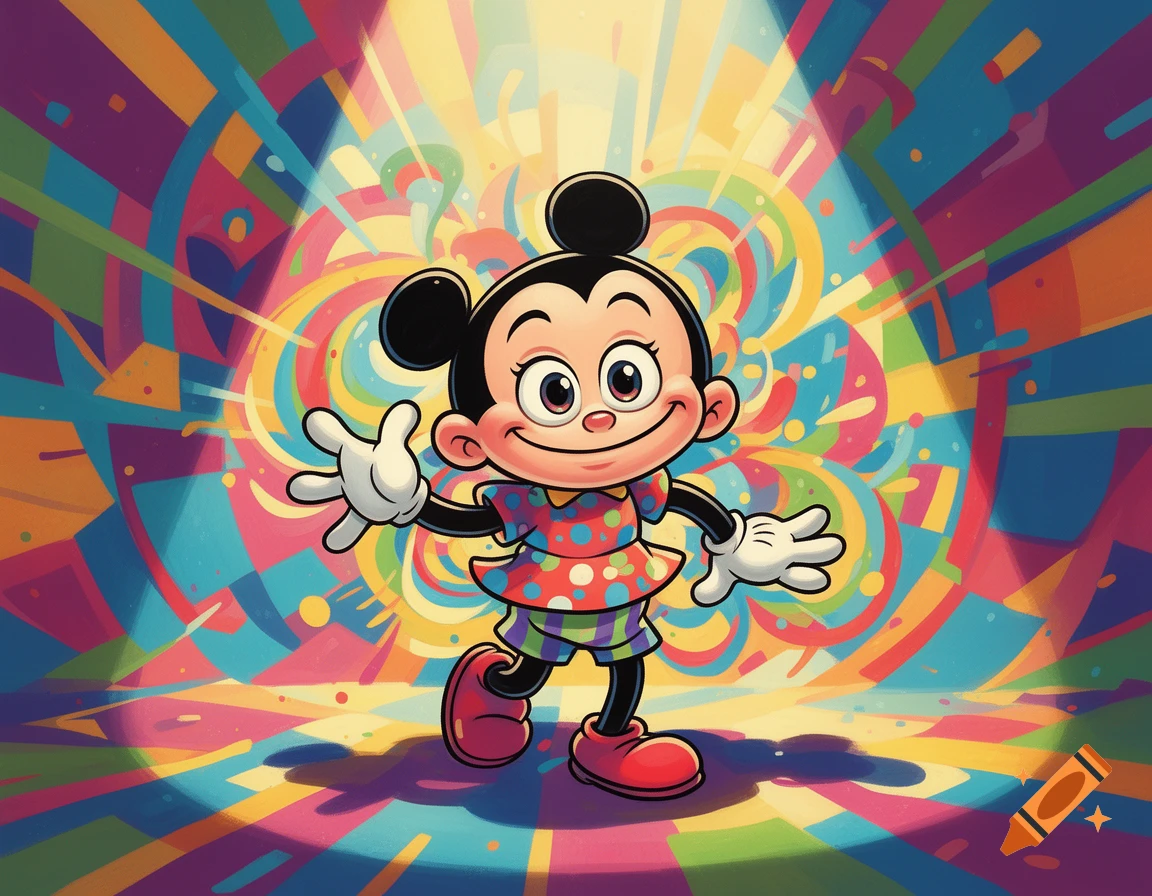 A cheerful cartoon character with large ears and a wide smile, wearing a polka-dot shirt, waves against a vibrant, colorful abstract background with light rays.