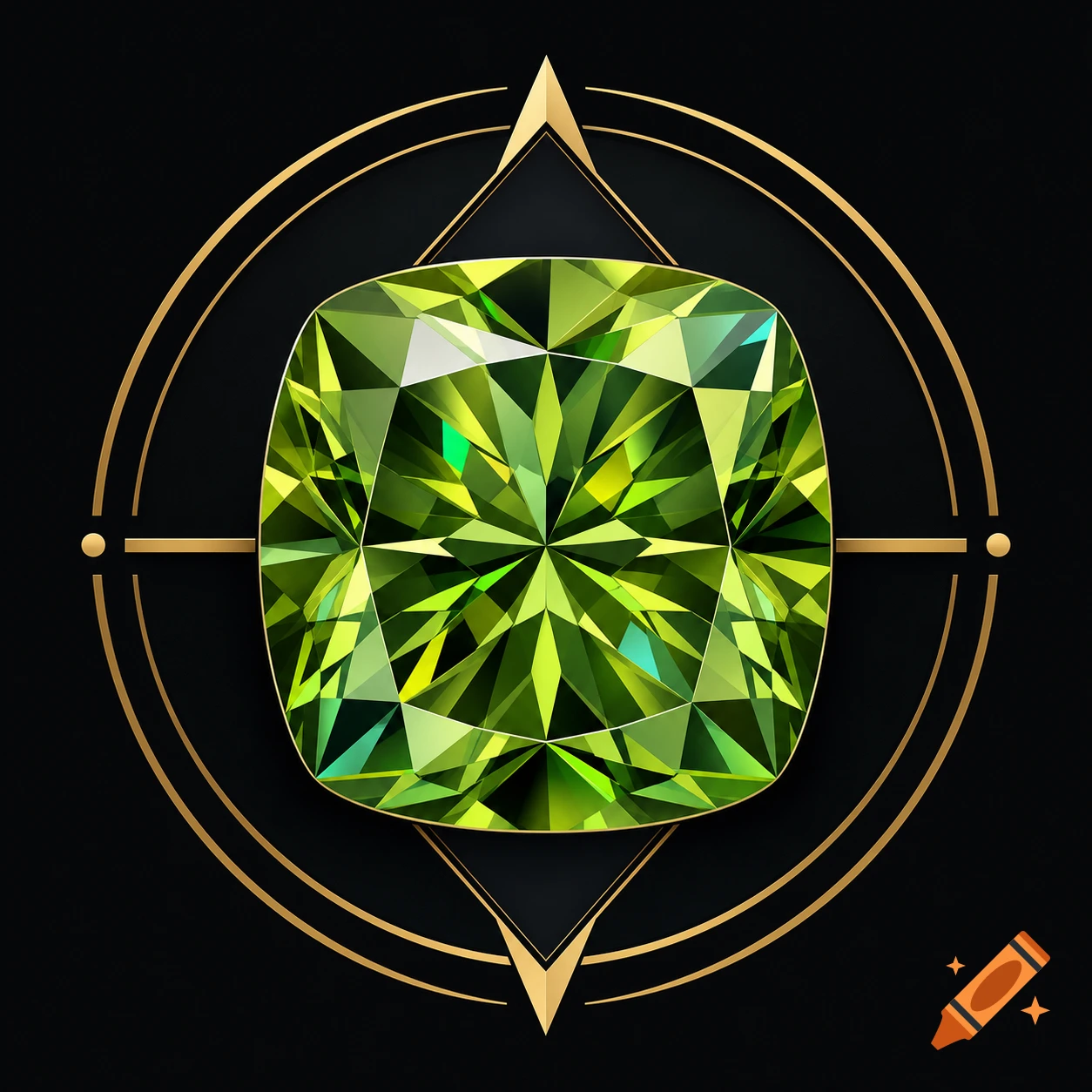 Vibrant green cushion-cut sphene gemstone with iridescent facets, centered in a gold postmodern art logo on a black background.