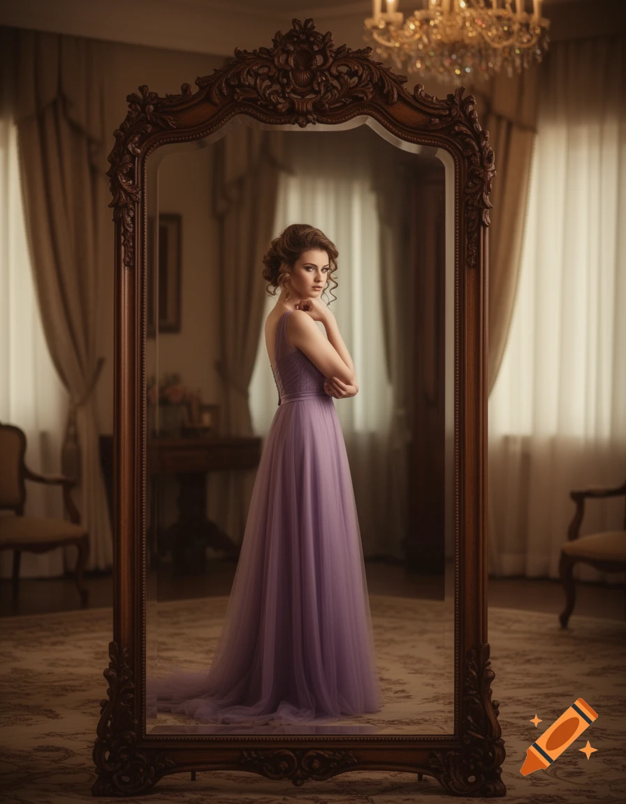 A woman in a flowing lavender gown gazes into a tall ornate mirror in an elegant, richly decorated room.