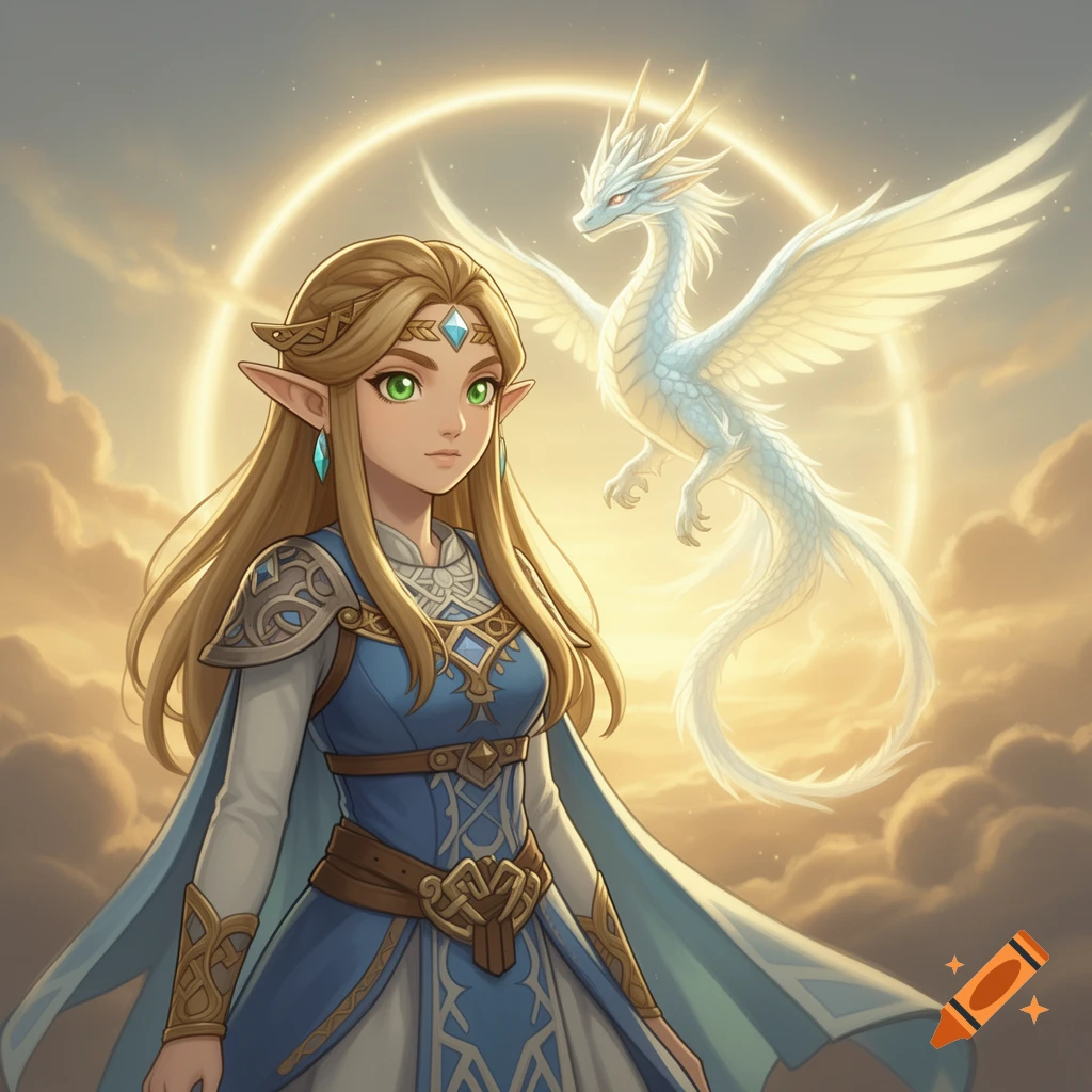 Digital illustration of Princess Zelda in a blue dress, standing next to a white Light Dragon, against a golden hour sky with clouds.