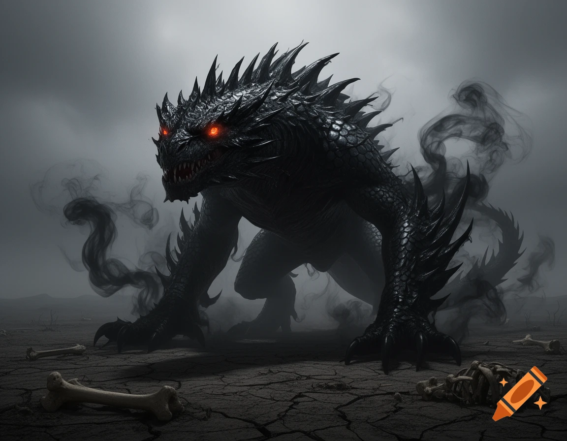 A menacing, dark, spiky creature with glowing red eyes in a smoky, desolate landscape scattered with bones.