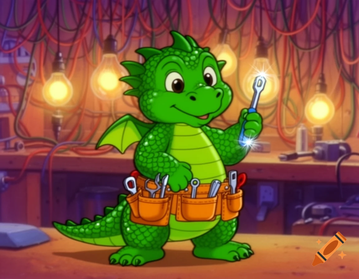 A cute green cartoon dragon electrician wearing a tool belt, holding a glowing wrench in a workshop with wires and lightbulbs.