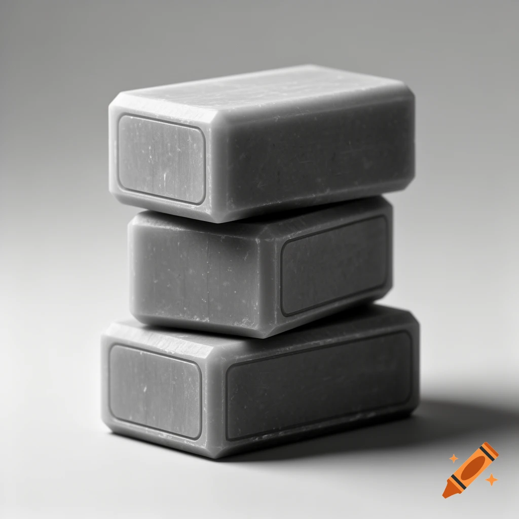 Three grey rectangular soap blocks are stacked vertically on a light grey background.