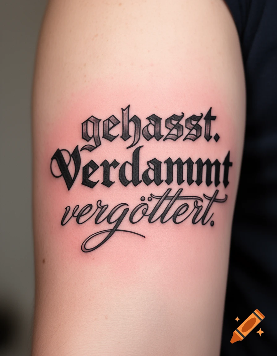 A photorealistic close-up of a tattoo on an arm, featuring the German words 'gehasst. Verdammt vergöttert.' in distinct gothic and script fonts.