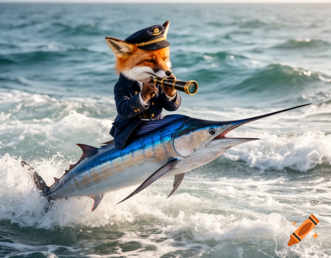 An anthropomorphic fox captain in a blue uniform and hat rides a marlin jumping from ocean waves, looking through a spyglass.