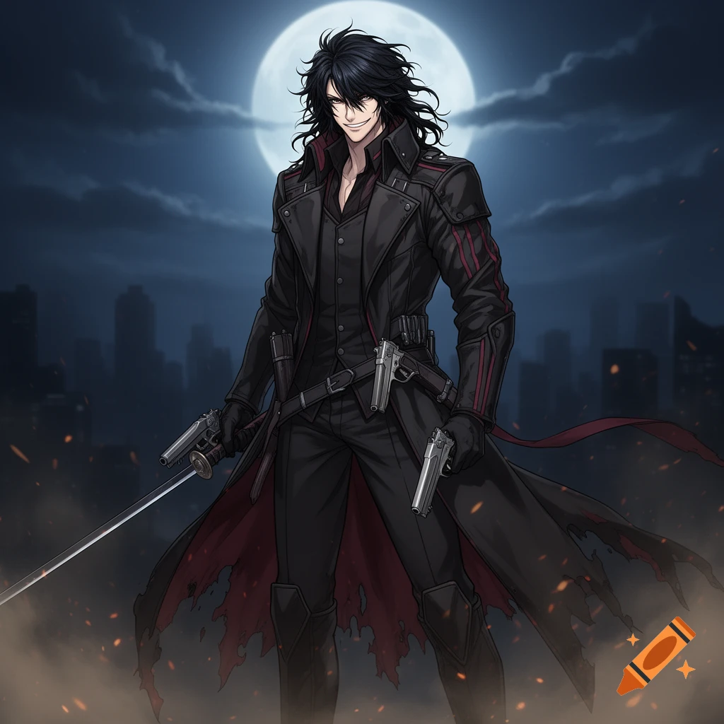 An anime-style man with long black hair, wearing a black trench coat with red accents, holds two pistols and a sword under a full moon in a nighttime city.
