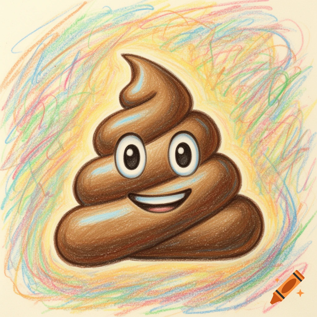 A crayon drawing of a smiling brown poop emoji surrounded by colorful scribbles.
