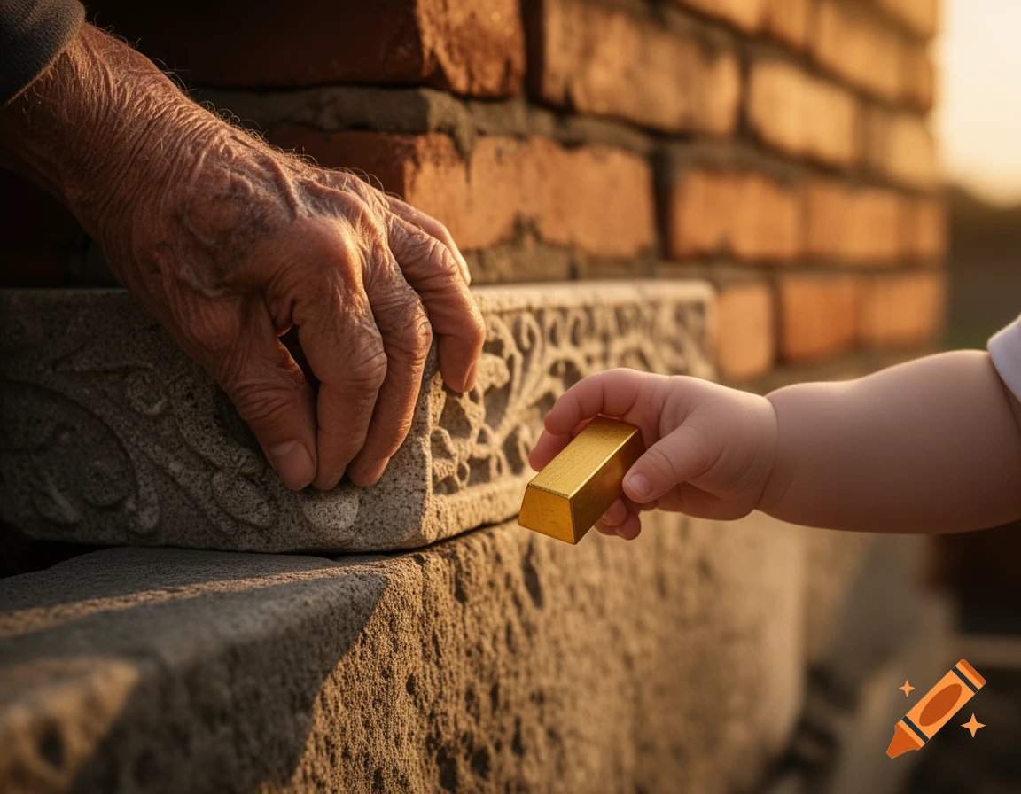 A wrinkled elderly hand and a smooth baby hand exchange a small gold bar over carved stone, bathed in golden hour light.