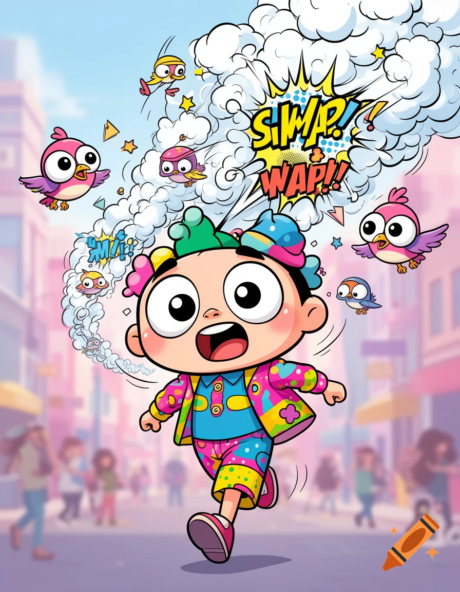 A vibrant cartoon child in colorful clothes runs through a blurry city street with flying birds and comic sound effects SWAP! WAP!!