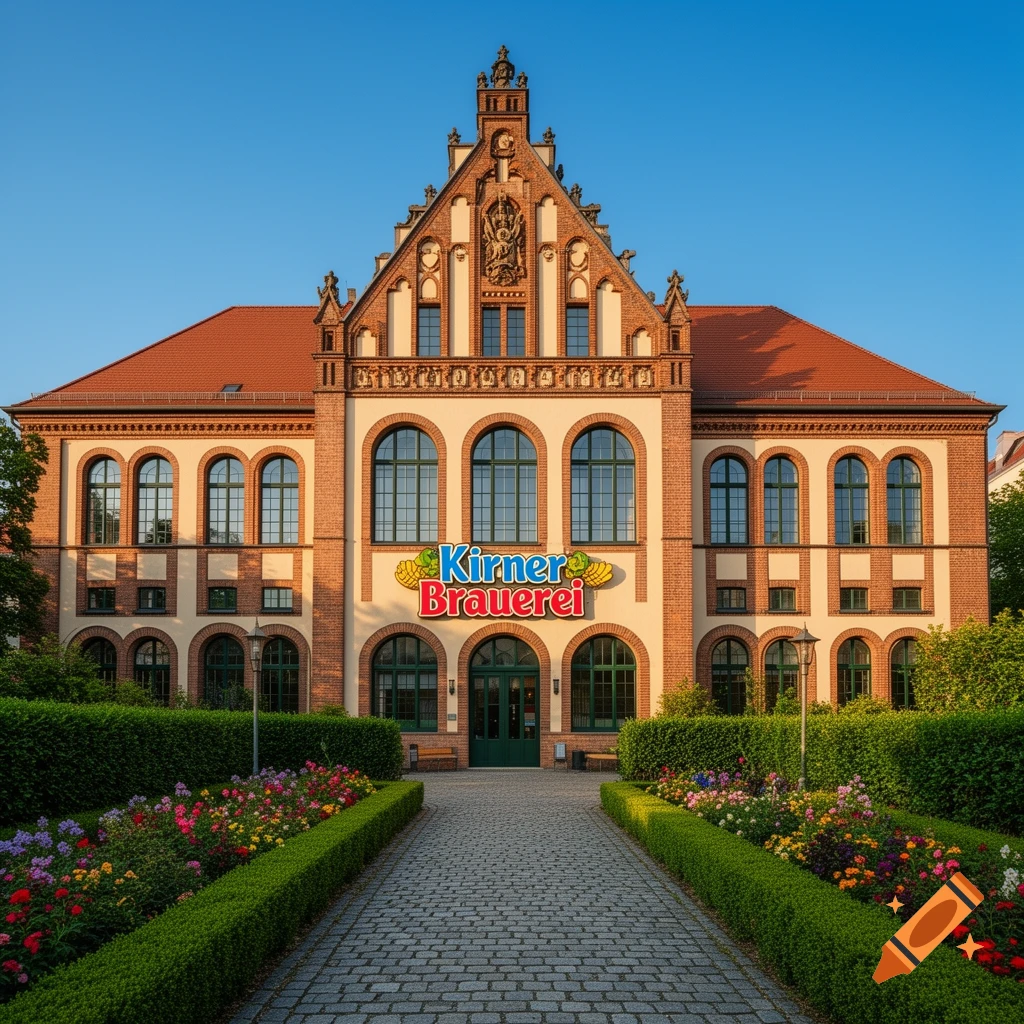 Photorealistic image of a grand brick Kirner Brauerei building with a cobblestone path leading to its entrance, surrounded by colorful flower gardens.