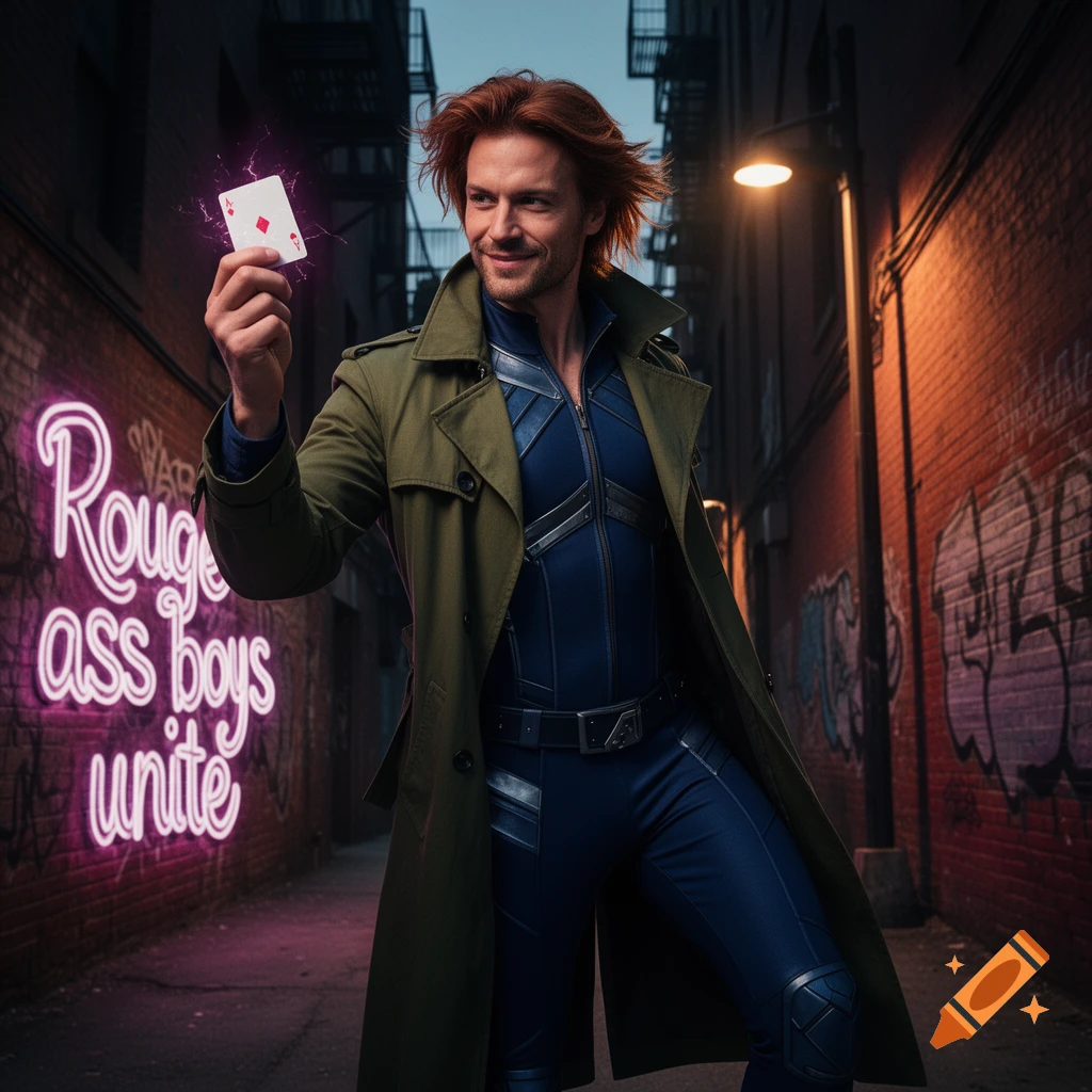 A man resembling Gambit in a trench coat and blue suit holds a glowing playing card in a dark alley with a pink neon sign.